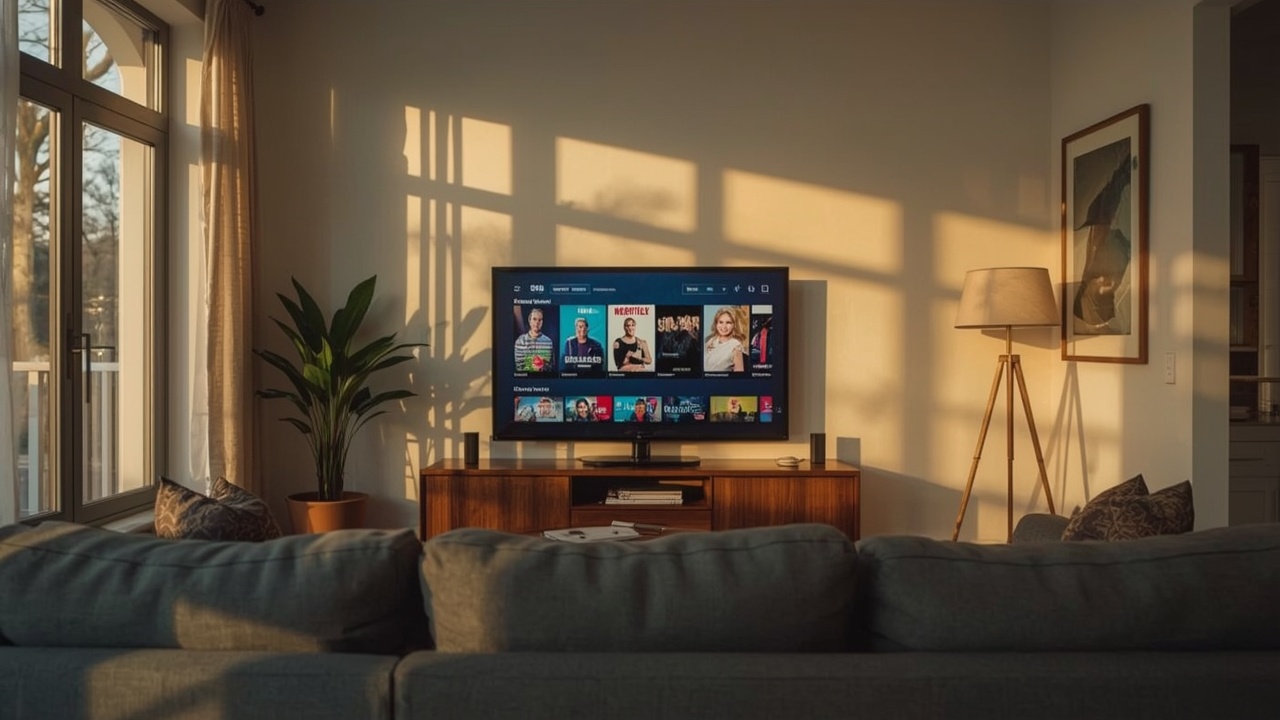 Cena editorial de uma sala de estar moderna ao entardecer com luz natural suave filtrando pelas janelas, uma televisão ligada exibindo uma interface genérica de streaming com capas desfocadas, capturada com lente 35mm e profundidade de campo rasa criando bokeh suave ao fundo, transmitindo a atmosfera acolhedora e nostálgica do universo das franquias e do entretenimento em streaming na era digital.