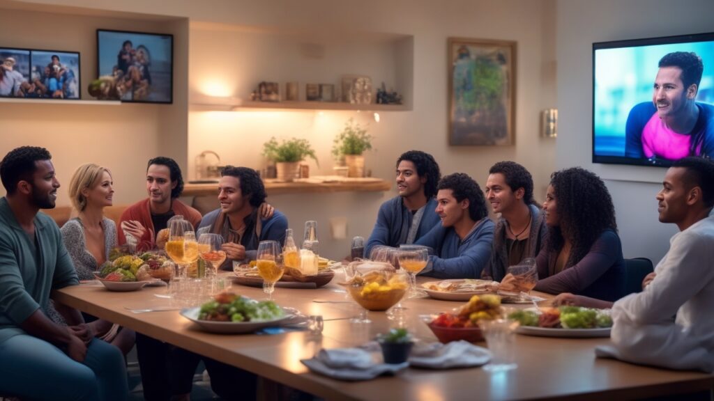 Cena cinematográfica e editorial mostrando um grupo diverso de pessoas reunidas em uma sala moderna e aconchegante, assistindo animadamente a uma maratona de séries e filmes em streaming em uma grande televisão, com elementos sutis que remetem a franquias populares e dispositivos digitais organizados ao redor, transmitindo diversão, comunidade e conexão no universo do entretenimento contemporâneo.