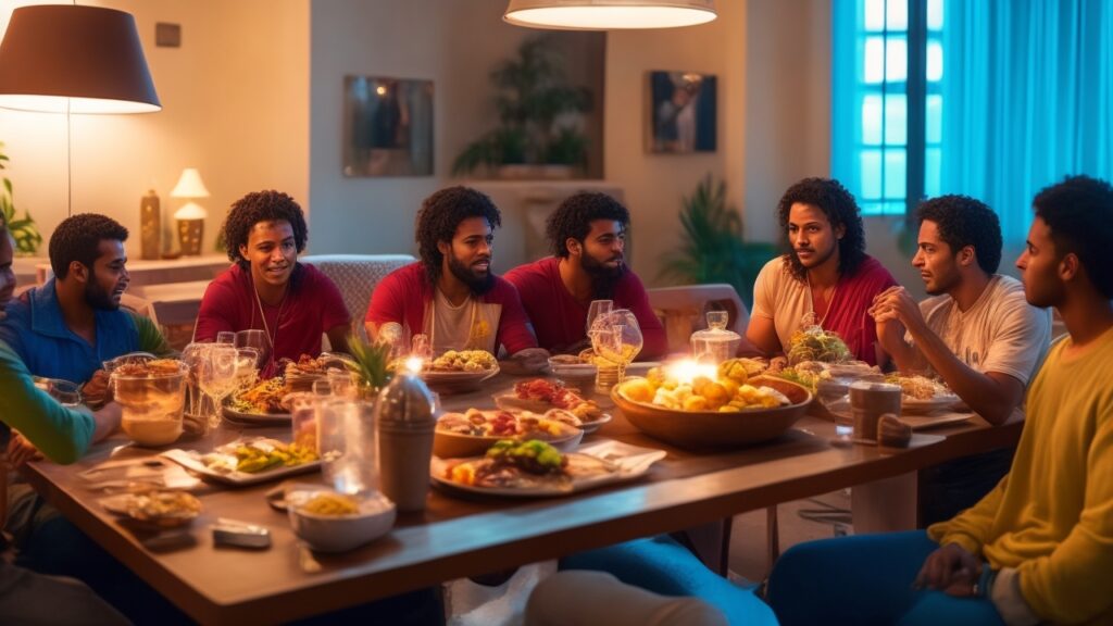 Cena cinematográfica em ambiente moderno de sala de estar com grupo diversificado de jovens superfãs engajados assistindo a uma maratona de séries em streaming, interagindo animadamente entre si, com luz suave e atmosfera acolhedora que transmite comunidade, conexão e participação coletiva no universo do entretenimento digital de 2026.