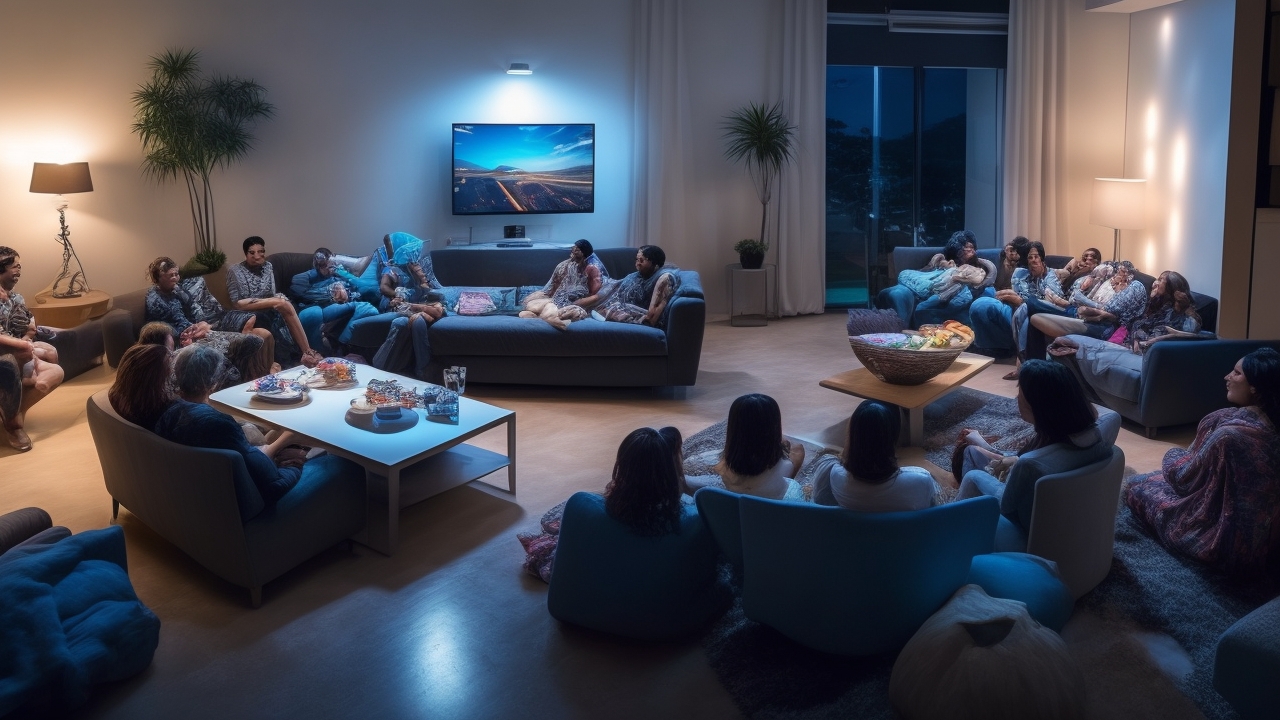 Cena cinematográfica de uma sala moderna e aconchegante, com um grupo de pessoas assistindo juntos a uma série em uma grande TV de tela plana, expressando entusiasmo e conexão, enquanto tablets e smartphones exibem listas de títulos, em um ambiente com luz suave e elementos que sugerem tecnologia e entretenimento digital compartilhado.