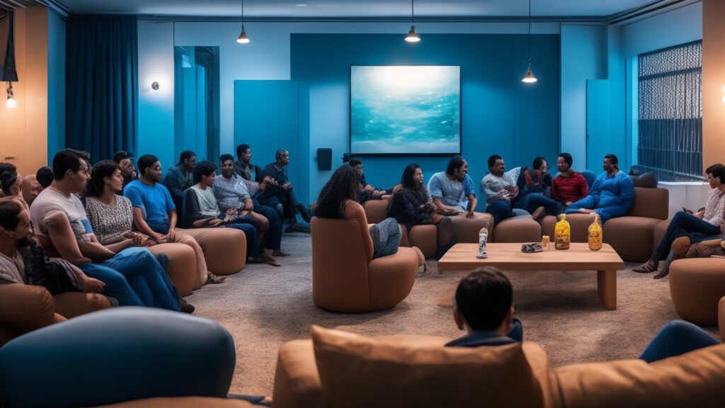 Sala de estar moderna com pessoas de diferentes idades reunidas assistindo maratona de séries e filmes em streaming, exibindo expressões envolvidas e momentos de conversa animada, com luz suave e atmosfera aconchegante que transmitem nostalgia, suspense e conexão social.